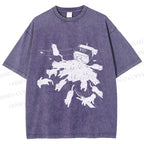 Unisex Vintage Cat Ink Printed Washed Tee