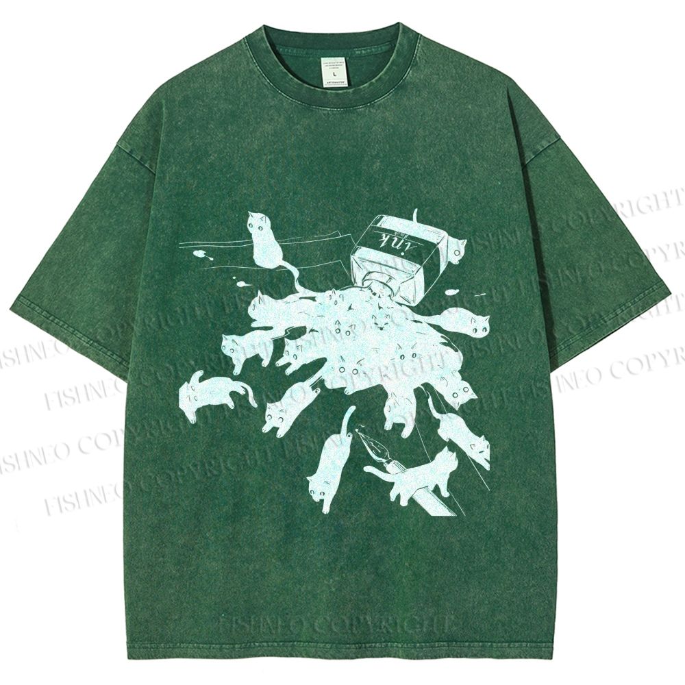 Unisex Vintage Cat Ink Printed Washed Tee