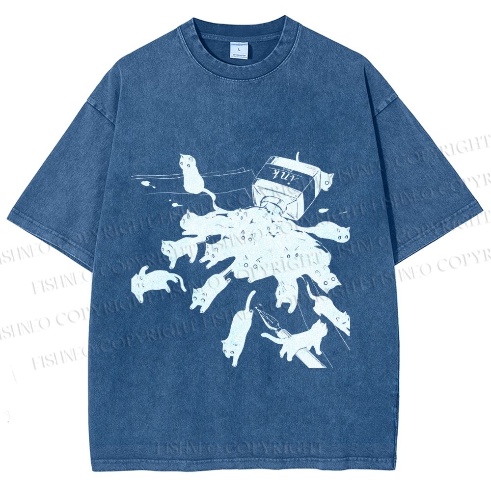 Unisex Vintage Cat Ink Printed Washed Tee