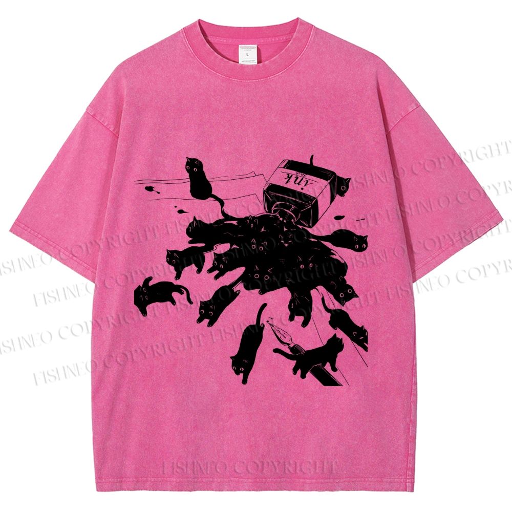 Unisex Vintage Cat Ink Printed Washed Tee