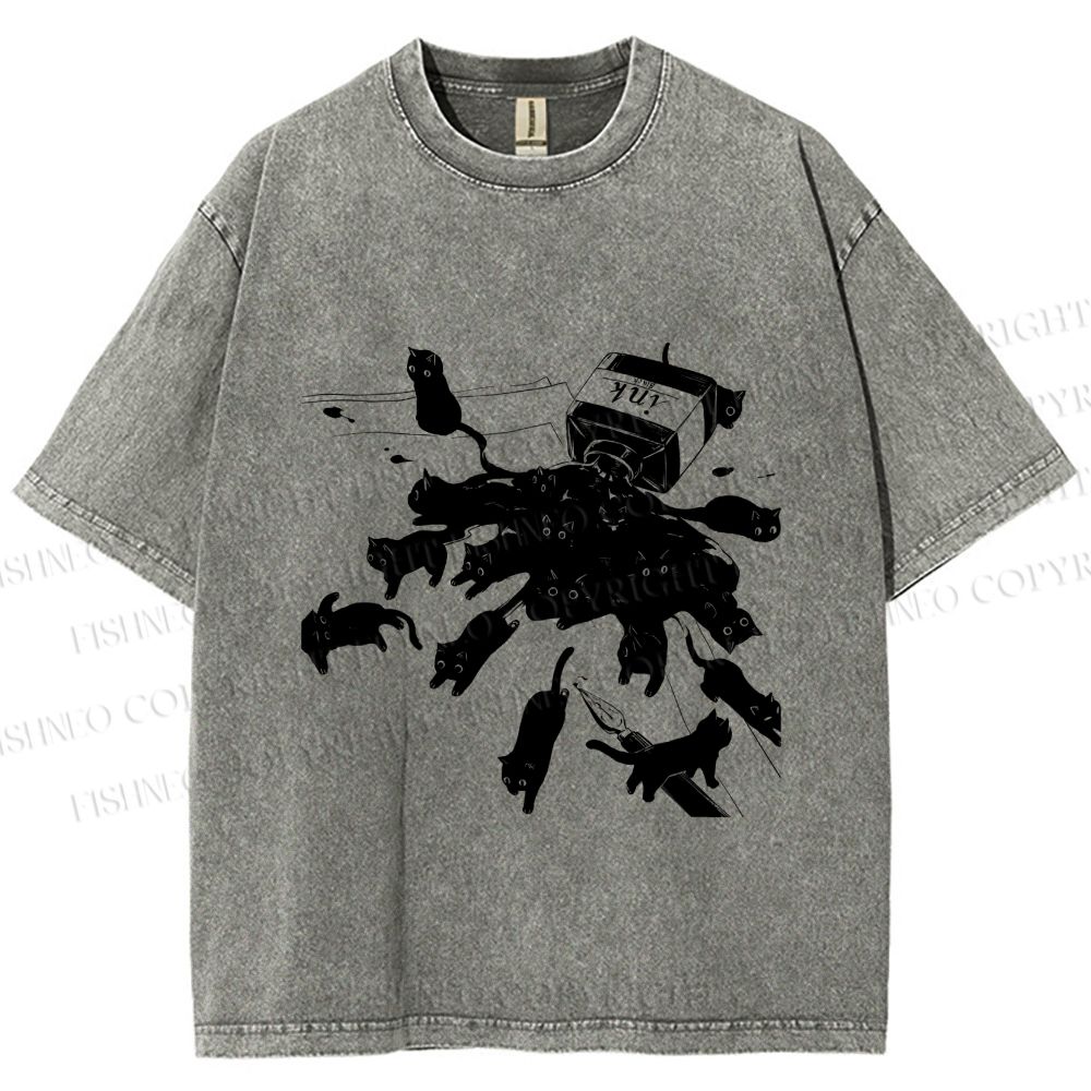 Unisex Vintage Cat Ink Printed Washed Tee