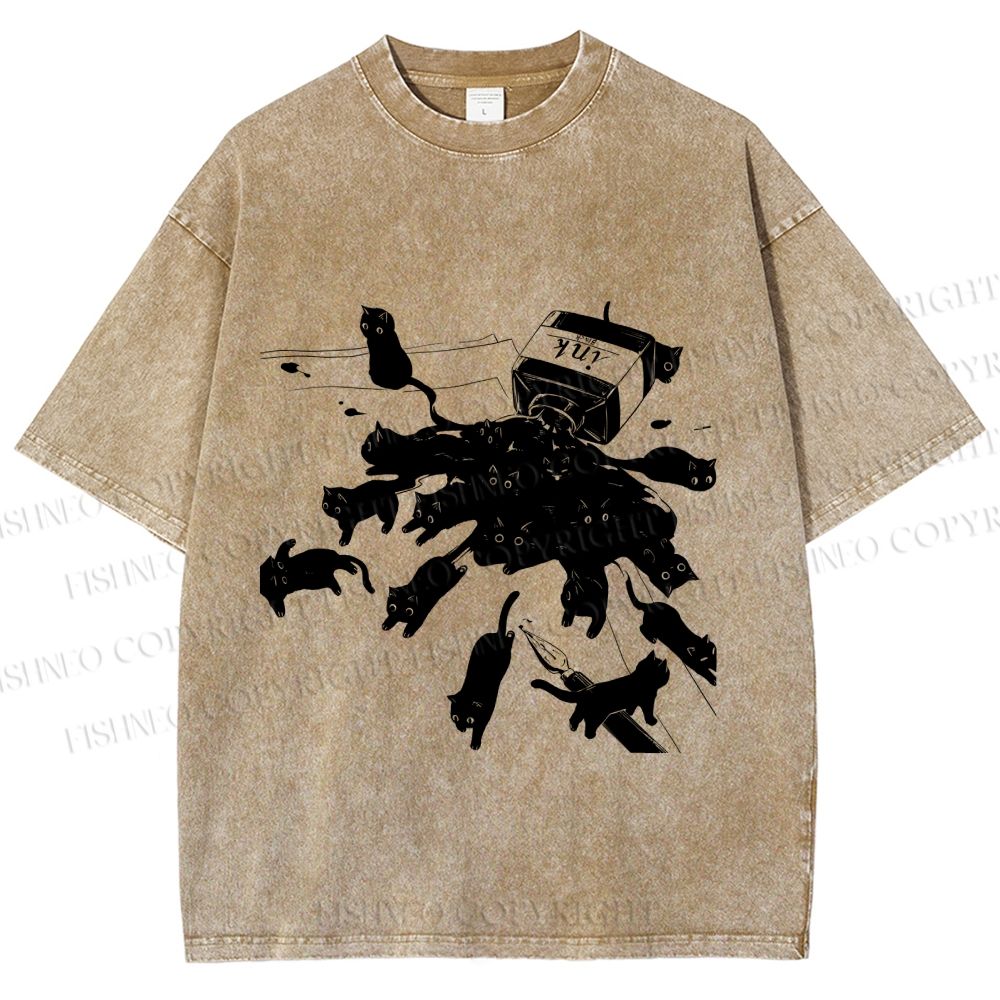 Unisex Vintage Cat Ink Printed Washed Tee