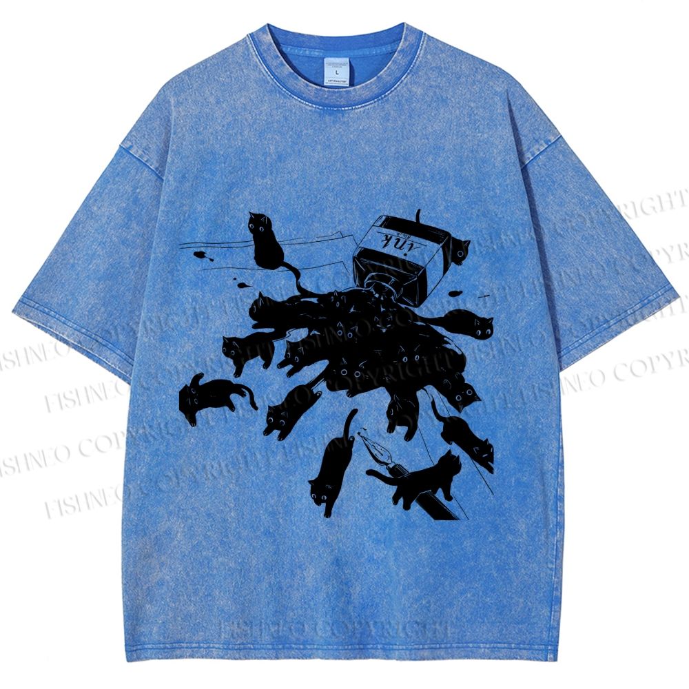 Unisex Vintage Cat Ink Printed Washed Tee