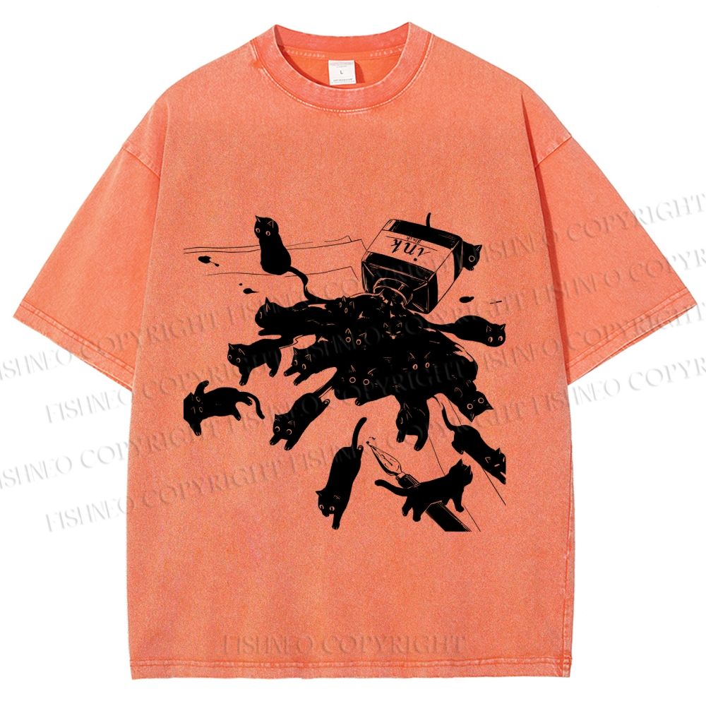 Unisex Vintage Cat Ink Printed Washed Tee