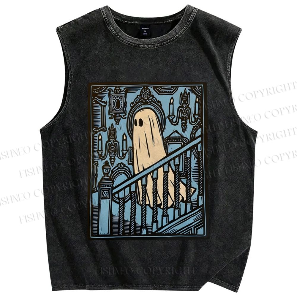 Unisex Vintage Ghost Halloween Printed Washed Tank Top
