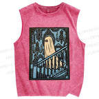 Unisex Vintage Ghost Halloween Printed Washed Tank Top