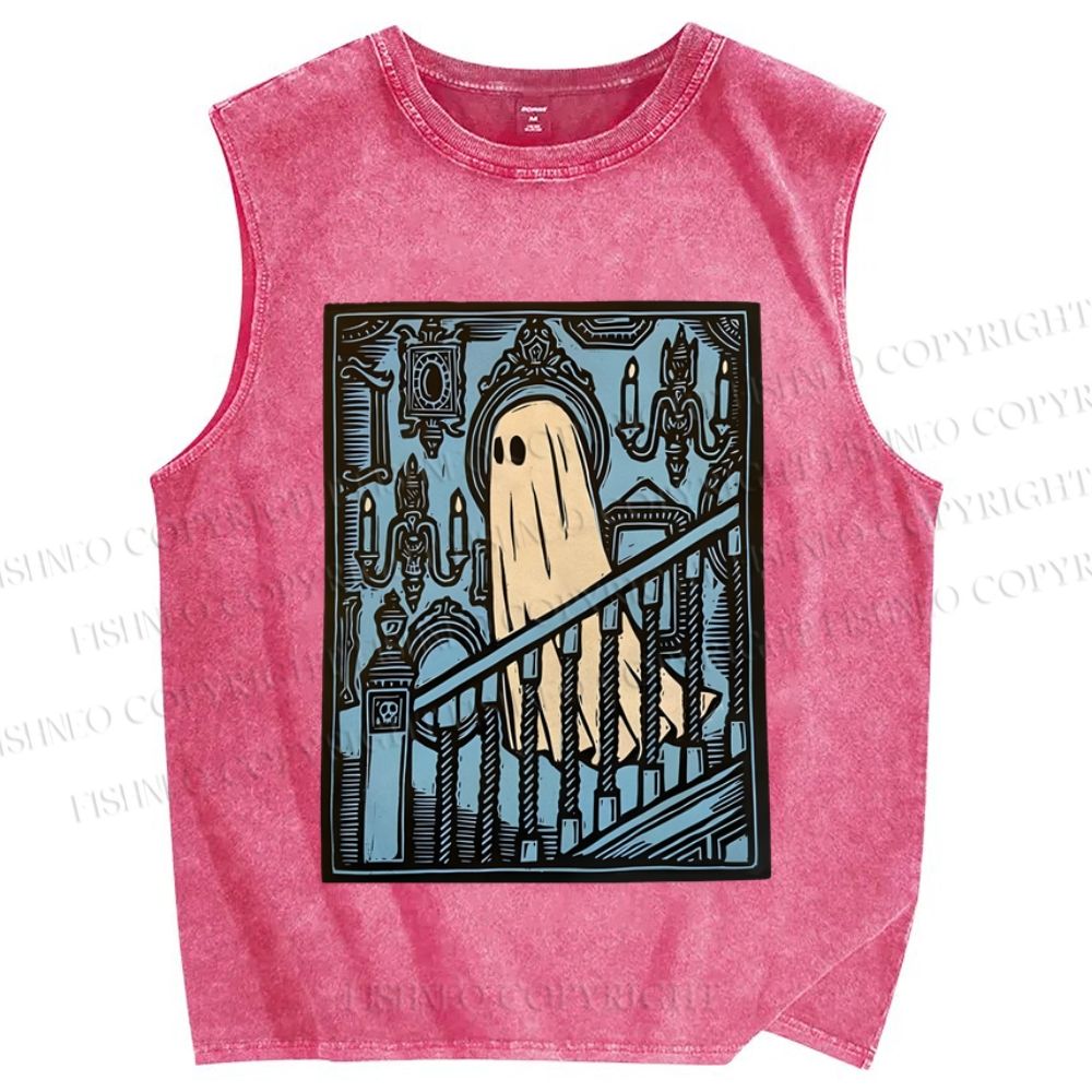 Unisex Vintage Ghost Halloween Printed Washed Tank Top
