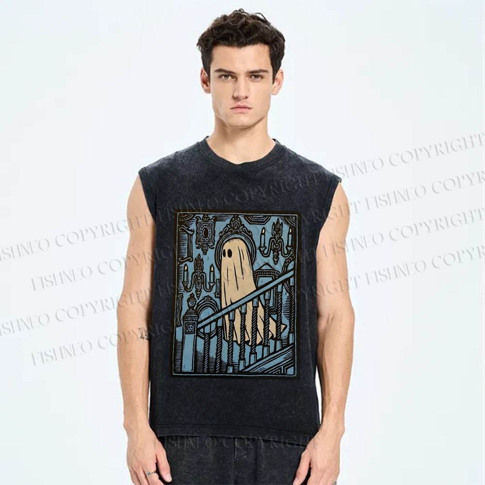 Unisex Vintage Ghost Halloween Printed Washed Tank Top