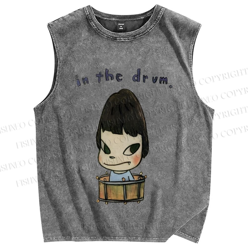 Unisex Japanese Art Yoshitomo Nara In The Drum Printed Washed Tank Top