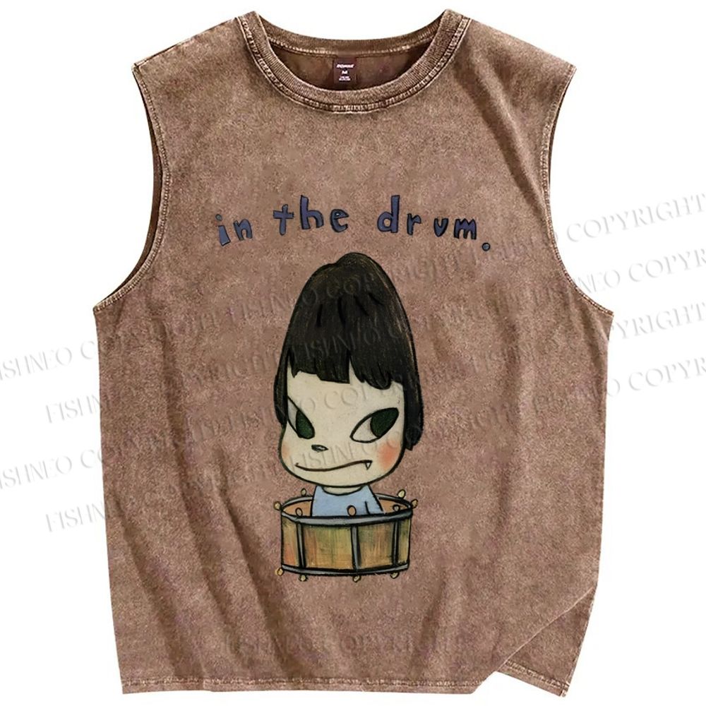 Unisex Japanese Art Yoshitomo Nara In The Drum Printed Washed Tank Top