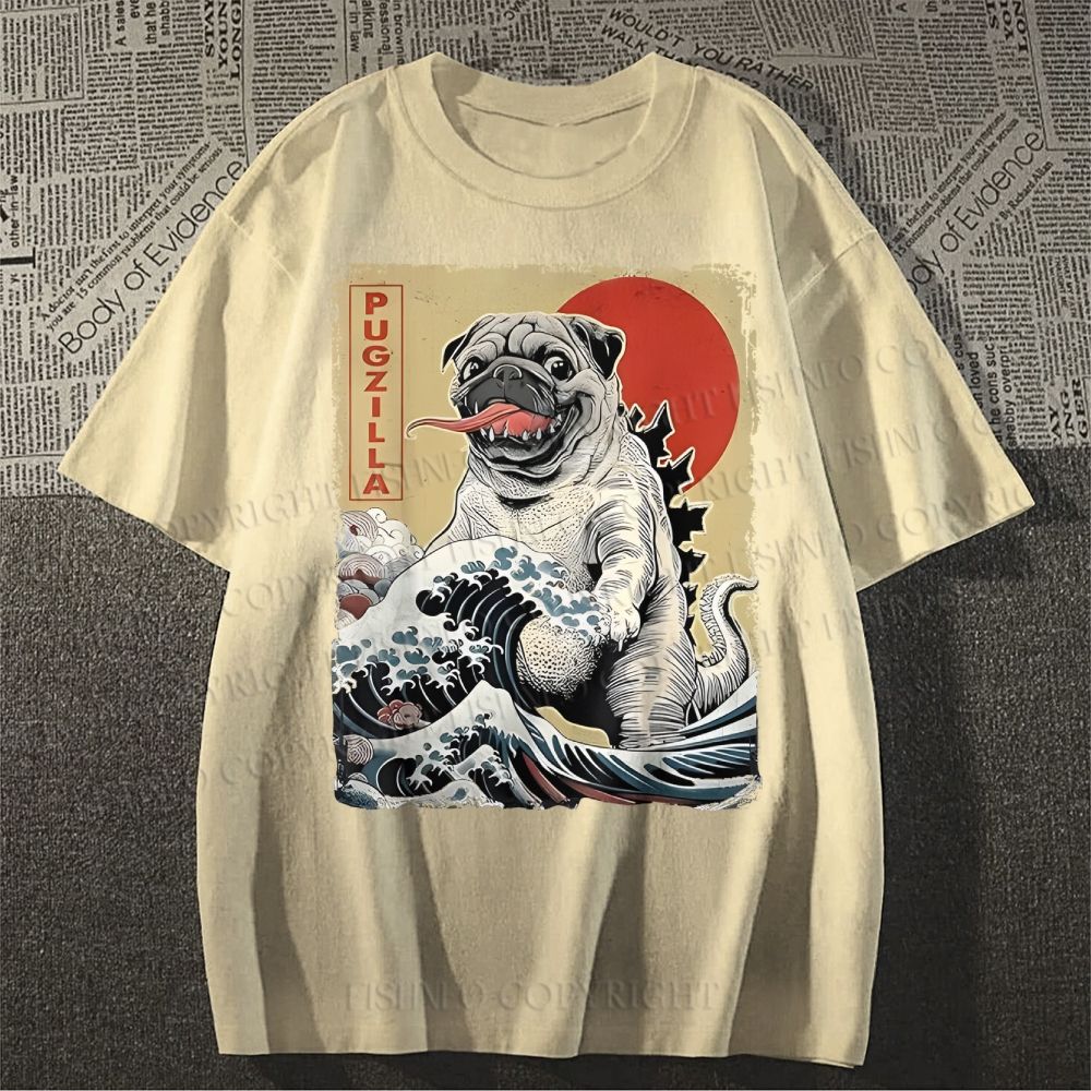 Unisex Vintage Japanese Dog Sea Wave Classic Cotton T-shirt