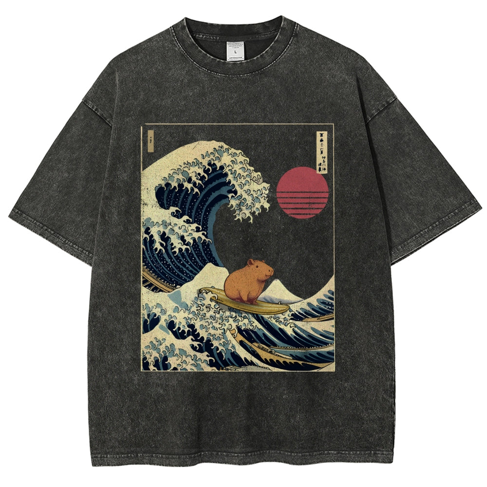 Capybara Surfing Washed T-Shirt
