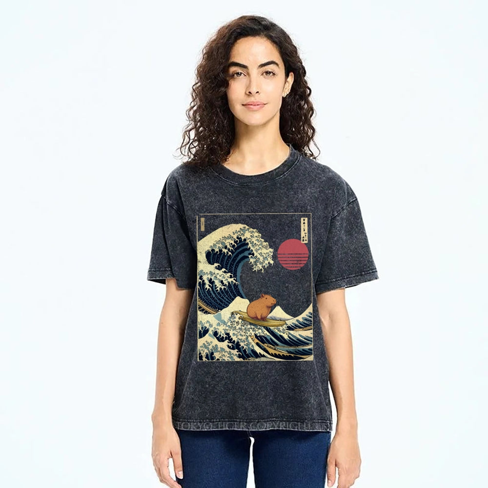 Capybara Surfing Washed T-Shirt