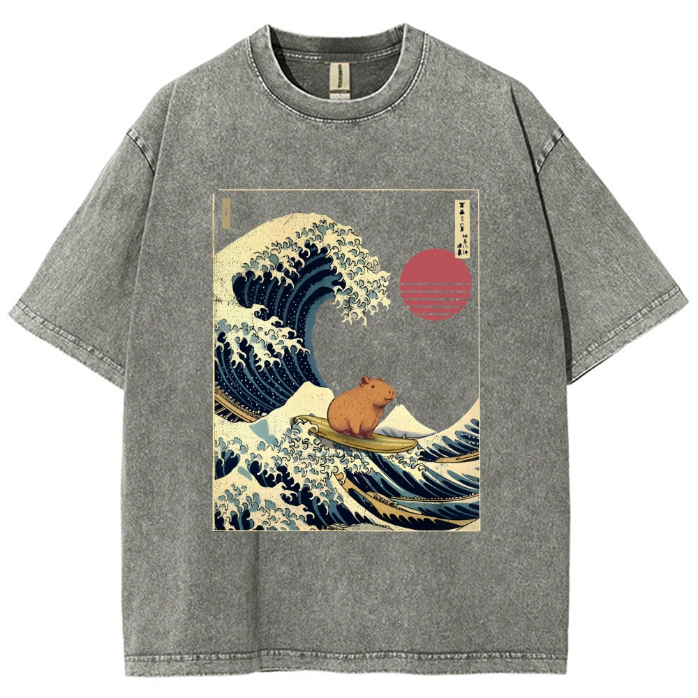 Capybara Surfing Washed T-Shirt