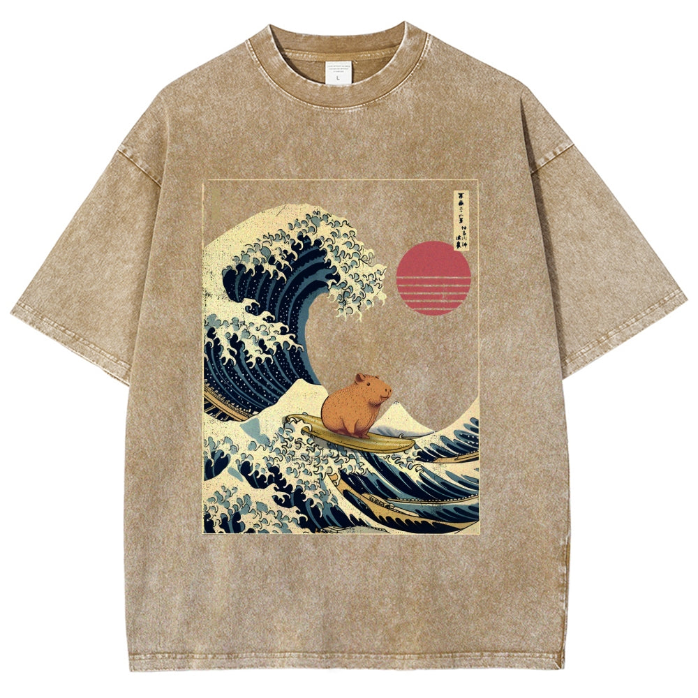 Capybara Surfing Washed T-Shirt
