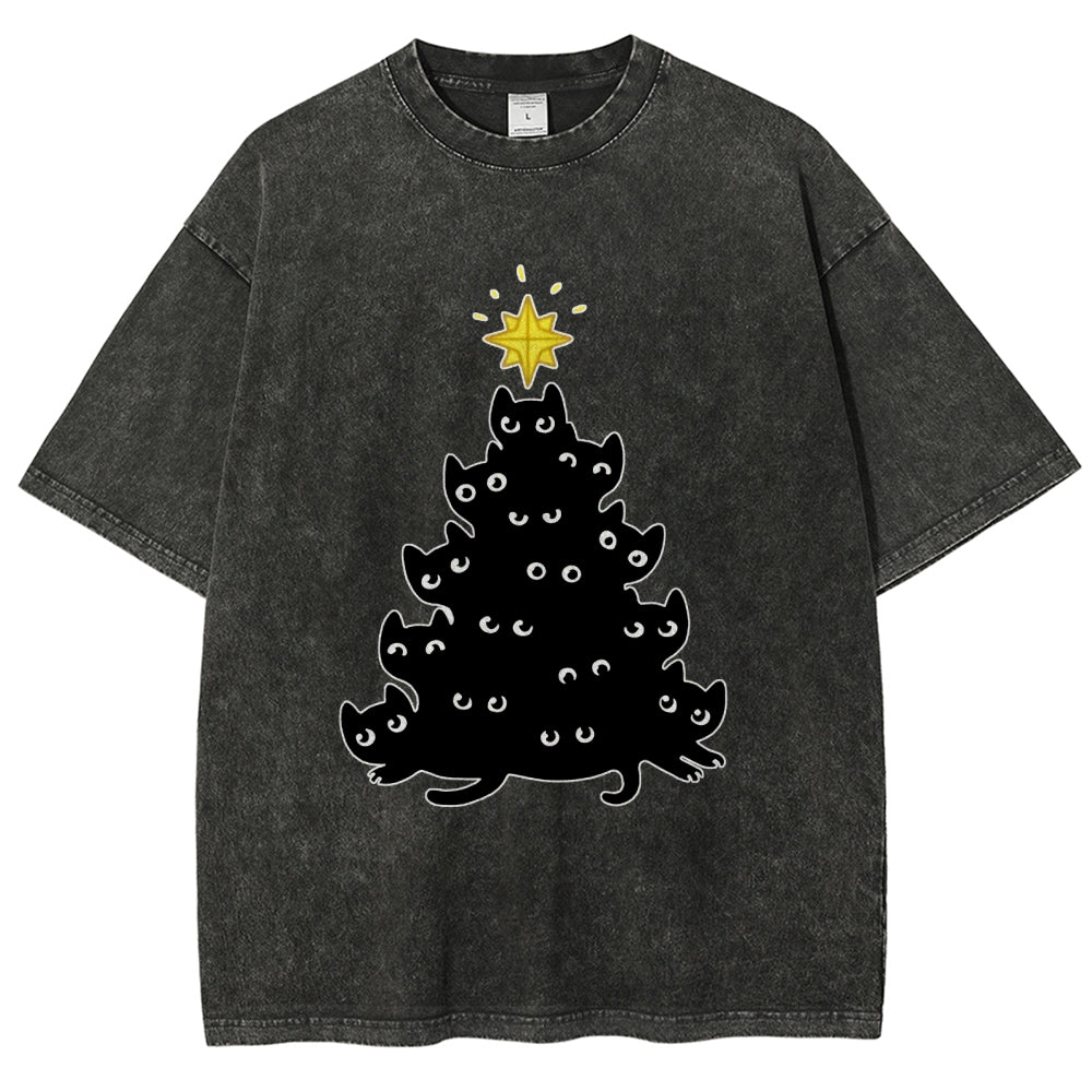 Black Cat Christmas Tree Washed T-Shirt