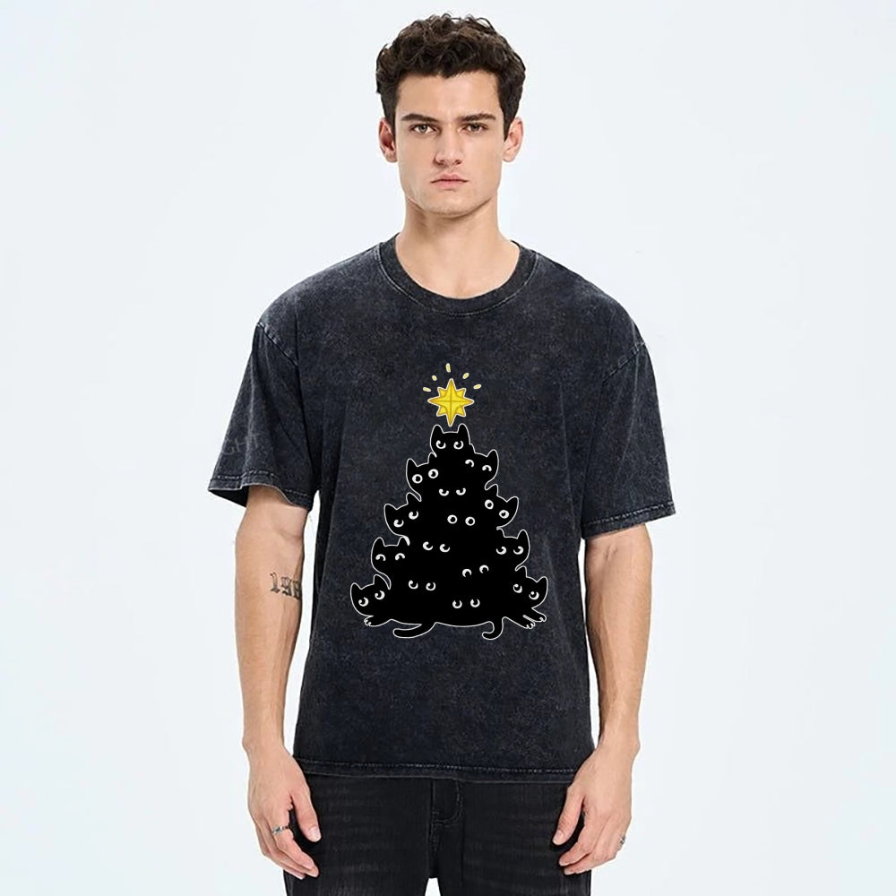 Black Cat Christmas Tree Washed T-Shirt