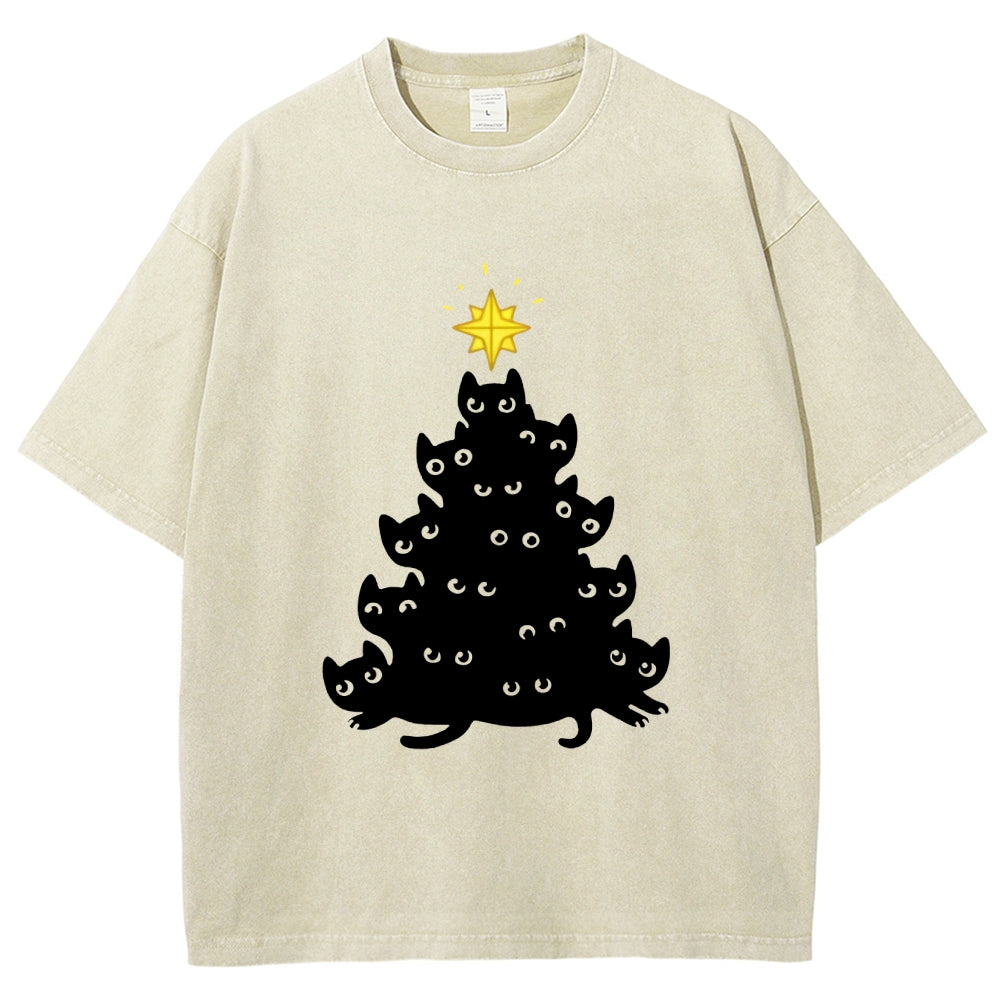 Black Cat Christmas Tree Washed T-Shirt