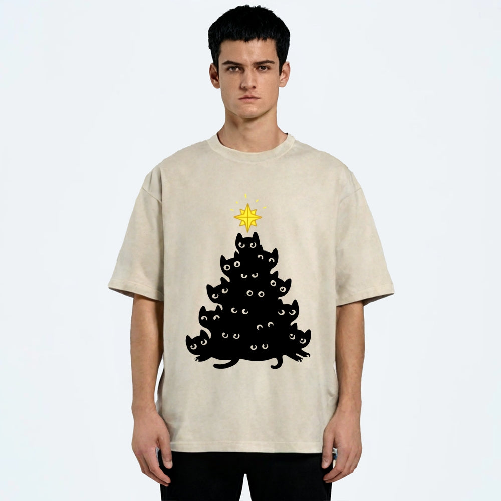 Black Cat Christmas Tree Washed T-Shirt