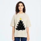 Black Cat Christmas Tree Washed T-Shirt