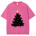 Black Cat Christmas Tree Washed T-Shirt