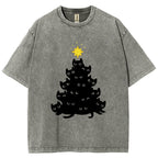 Black Cat Christmas Tree Washed T-Shirt