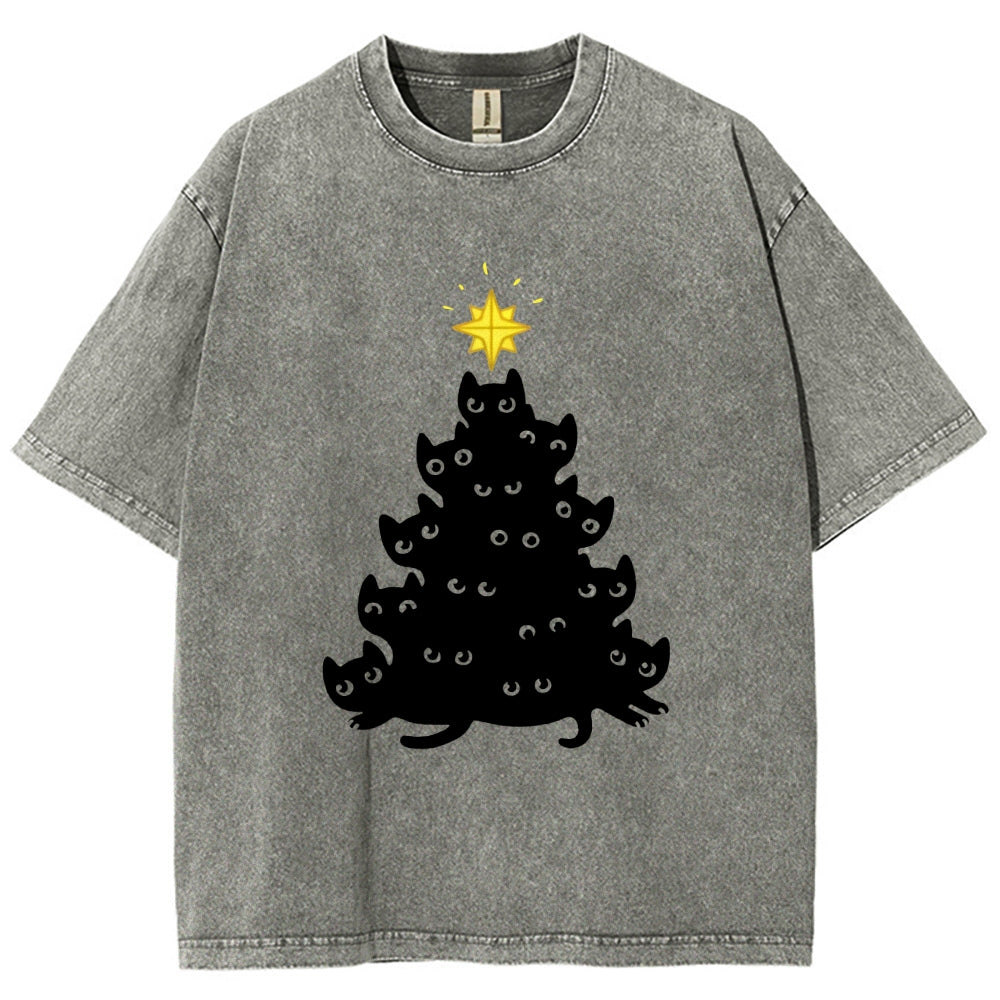 Black Cat Christmas Tree Washed T-Shirt