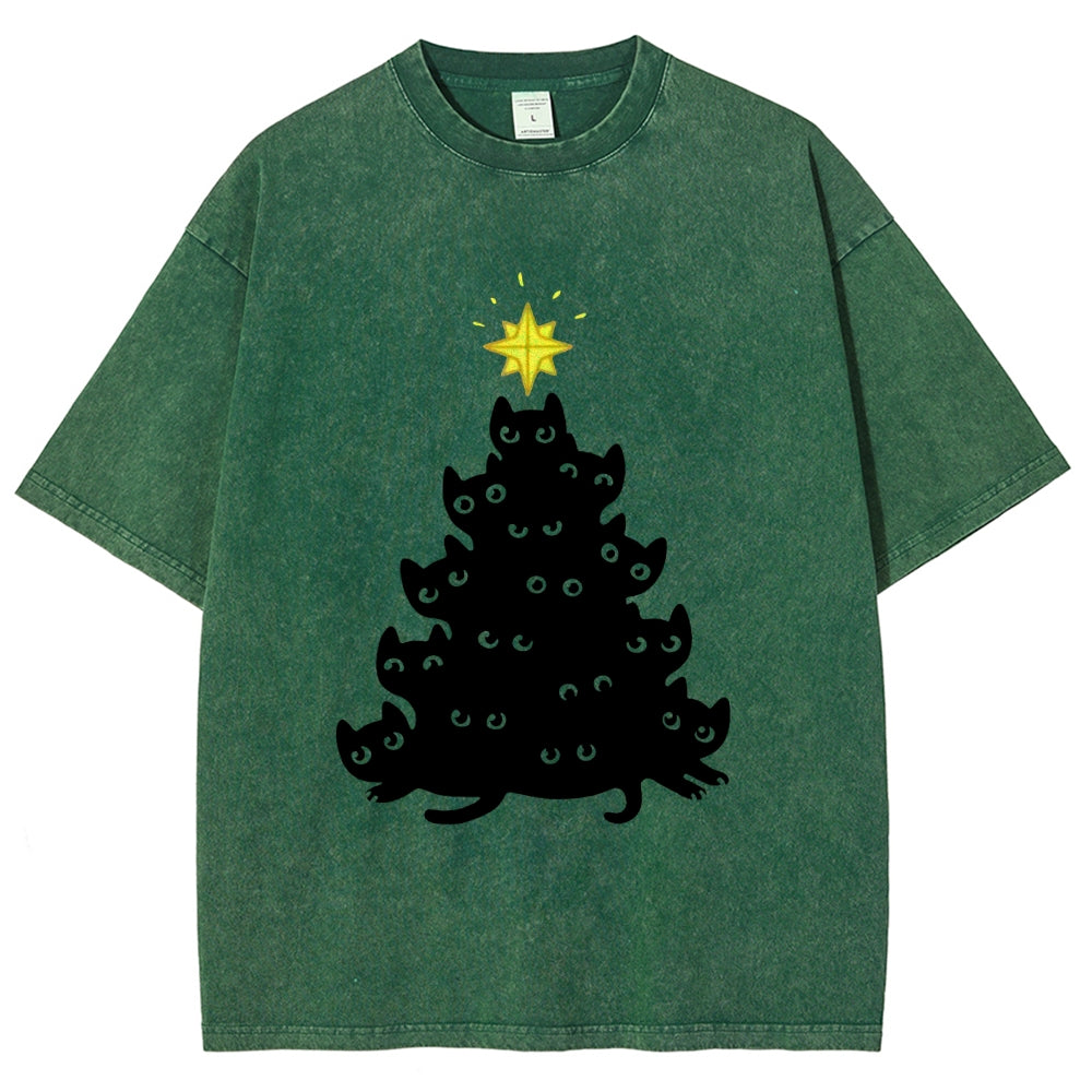 Black Cat Christmas Tree Washed T-Shirt