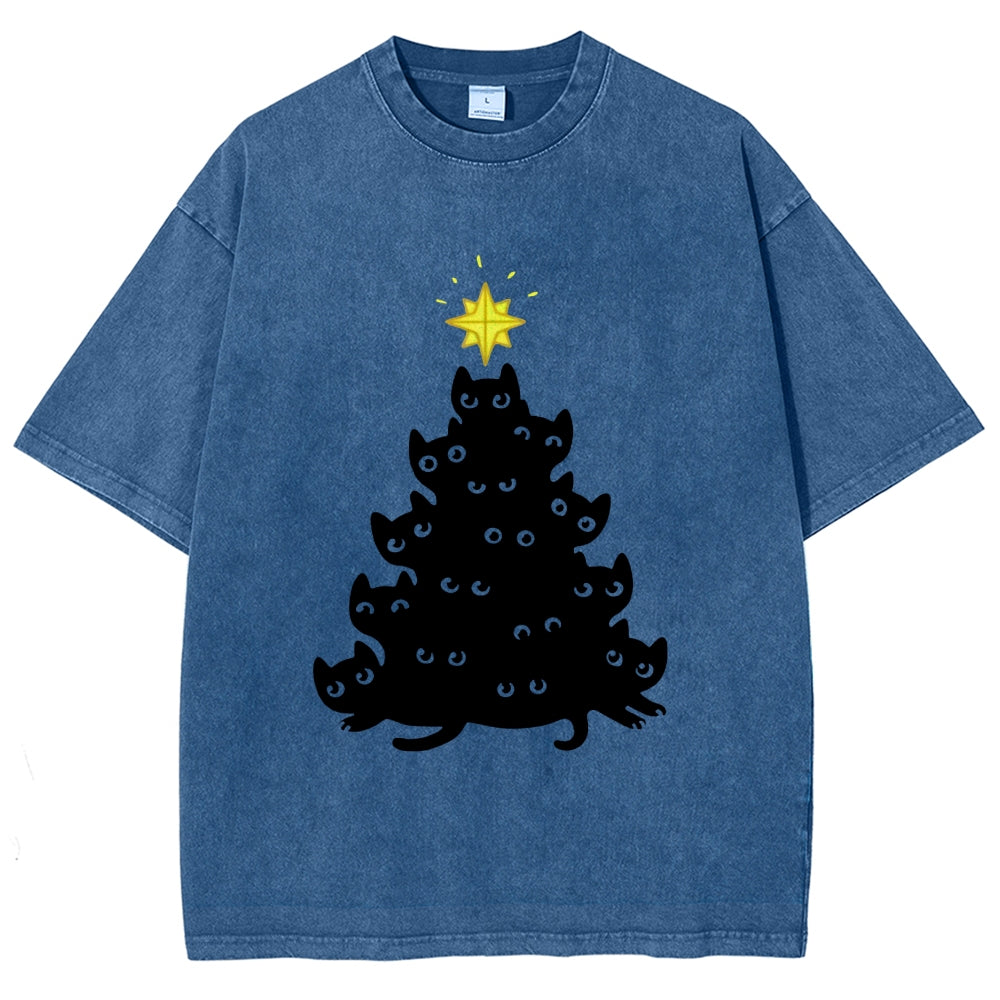 Black Cat Christmas Tree Washed T-Shirt