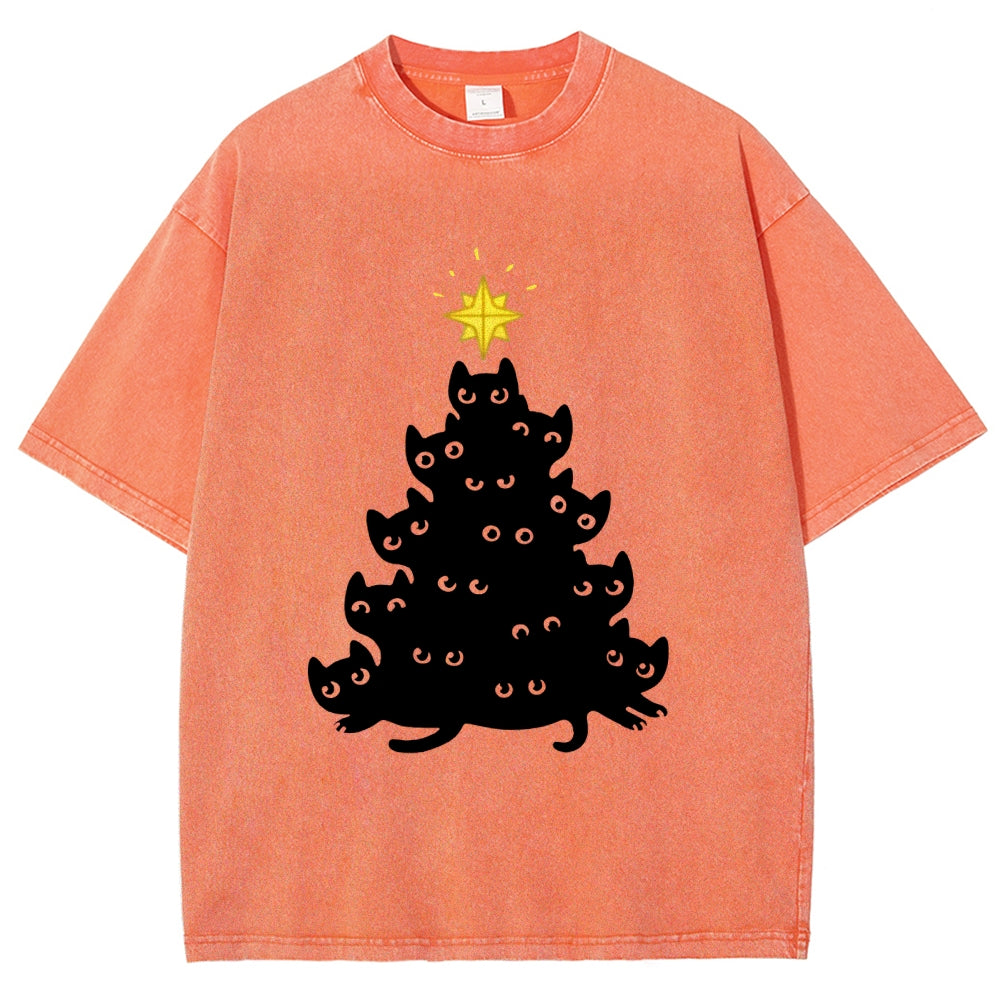 Black Cat Christmas Tree Washed T-Shirt
