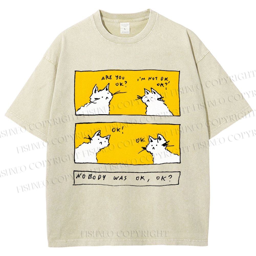 Unisex Are You Ok Cat Printed Washed Tee
