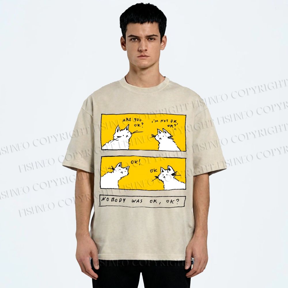 Unisex Are You Ok Cat Printed Washed Tee