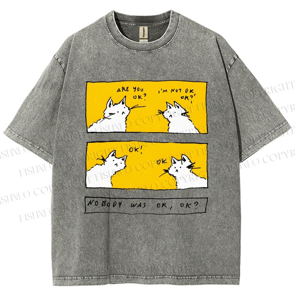 Unisex Are You Ok Cat Printed Washed Tee