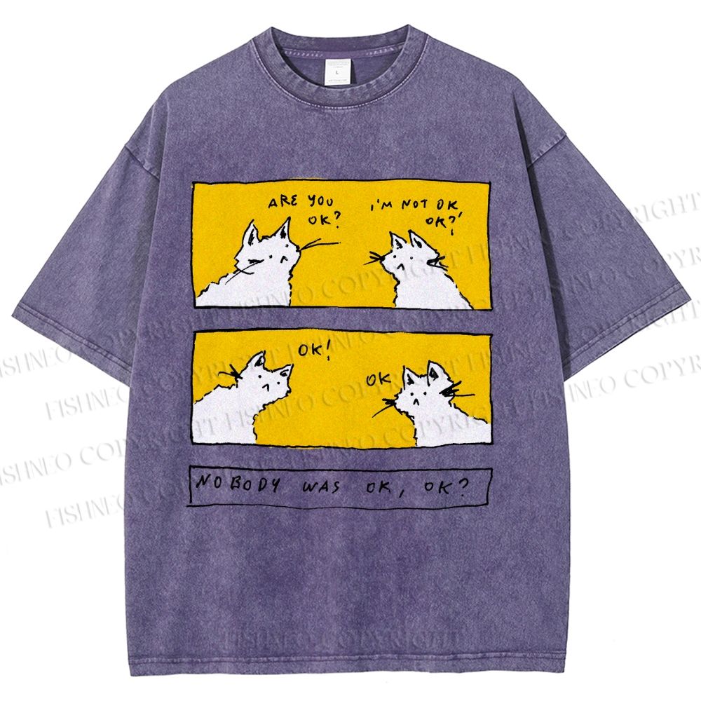 Unisex Are You Ok Cat Printed Washed Tee