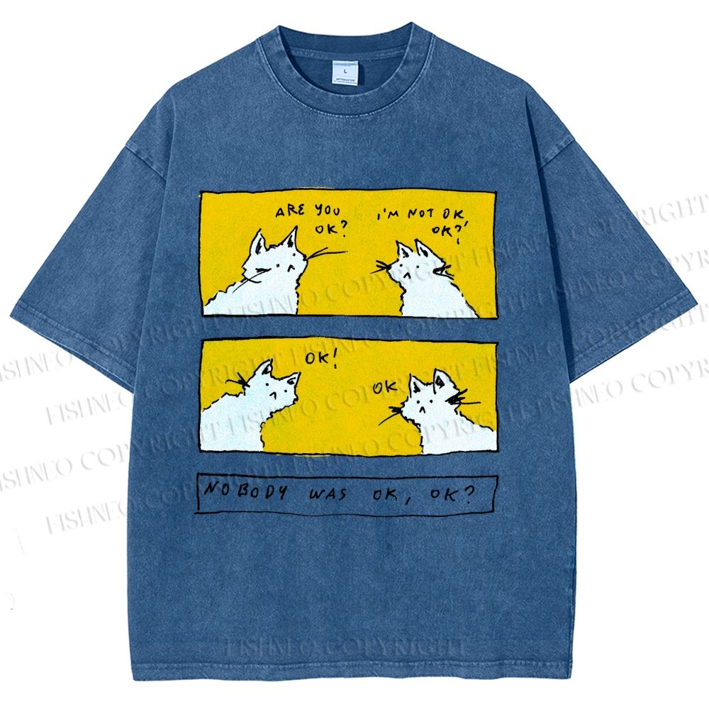 Unisex Are You Ok Cat Printed Washed Tee