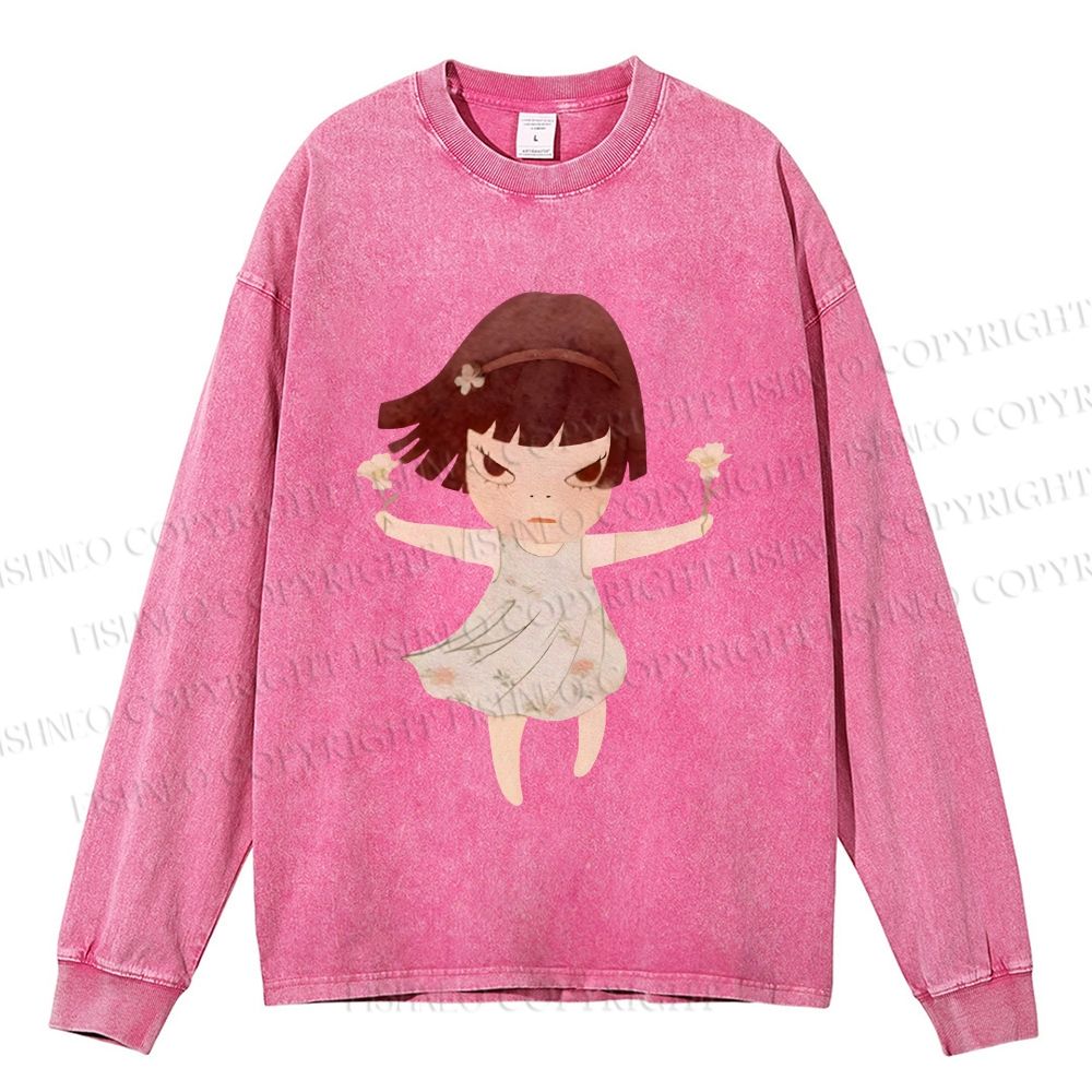 Unisex Casual Washed Fierce Girl Printed Long Sleeve T-shirt
