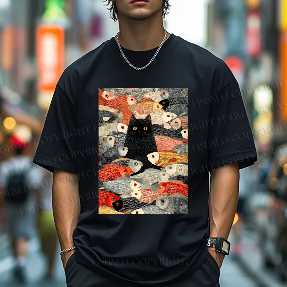 Unisex Vintage Japanese Black Cat Koi Fish Classic Cotton T-shirt