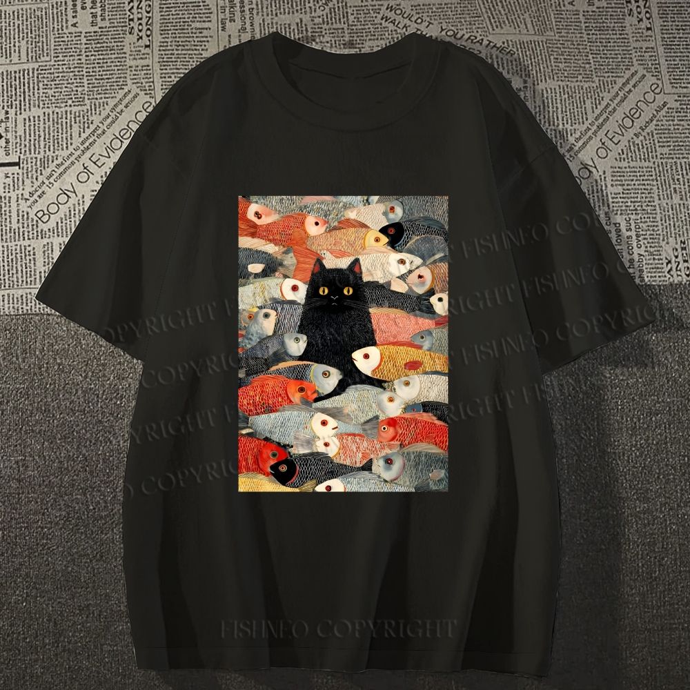 Unisex Vintage Japanese Black Cat Koi Fish Classic Cotton T-shirt