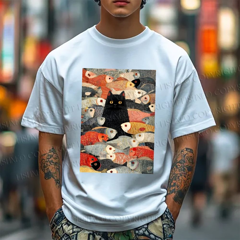 Unisex Vintage Japanese Black Cat Koi Fish Classic Cotton T-shirt