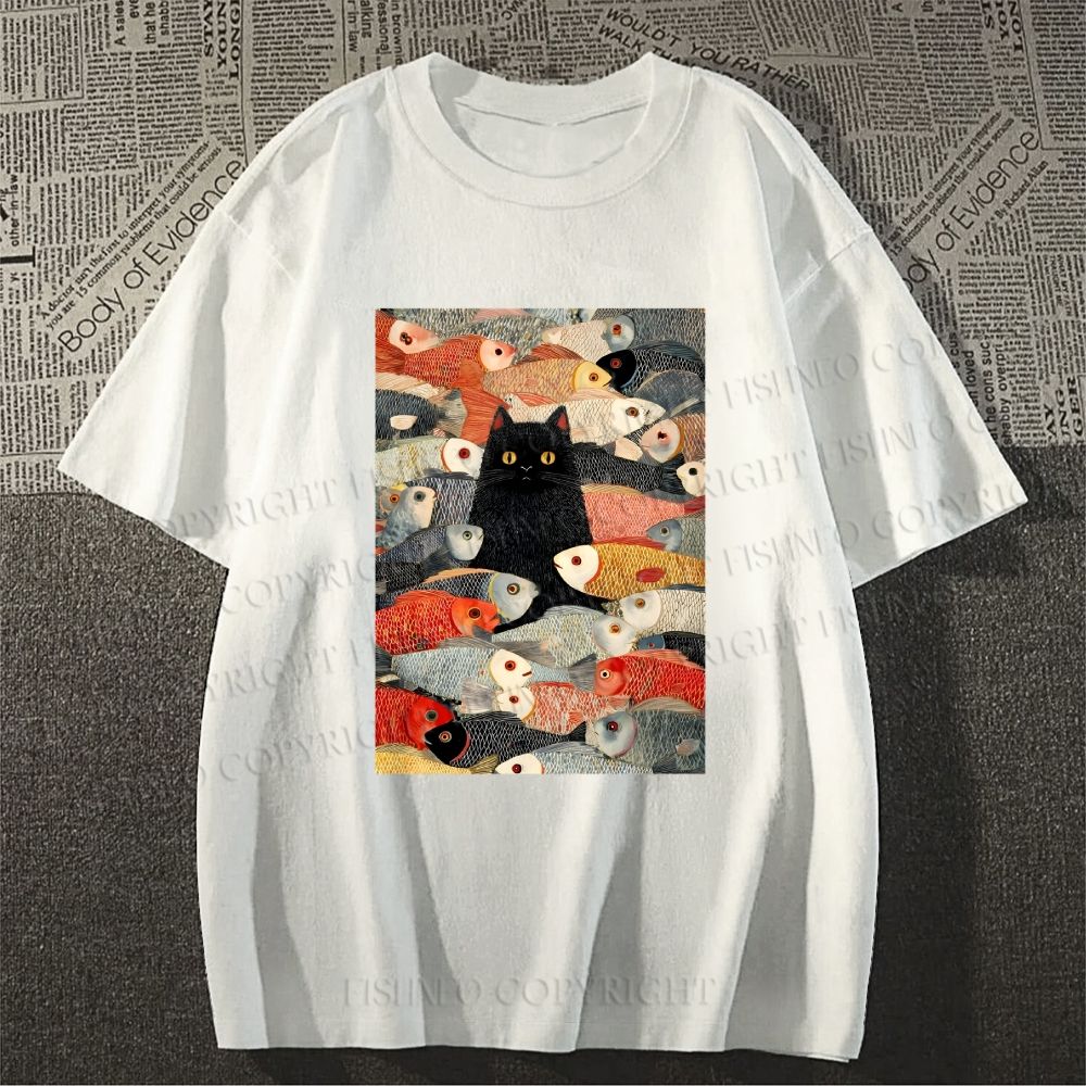 Unisex Vintage Japanese Black Cat Koi Fish Classic Cotton T-shirt
