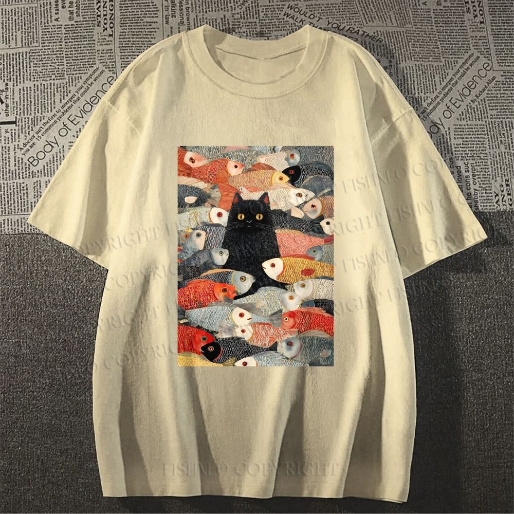 Unisex Vintage Japanese Black Cat Koi Fish Classic Cotton T-shirt