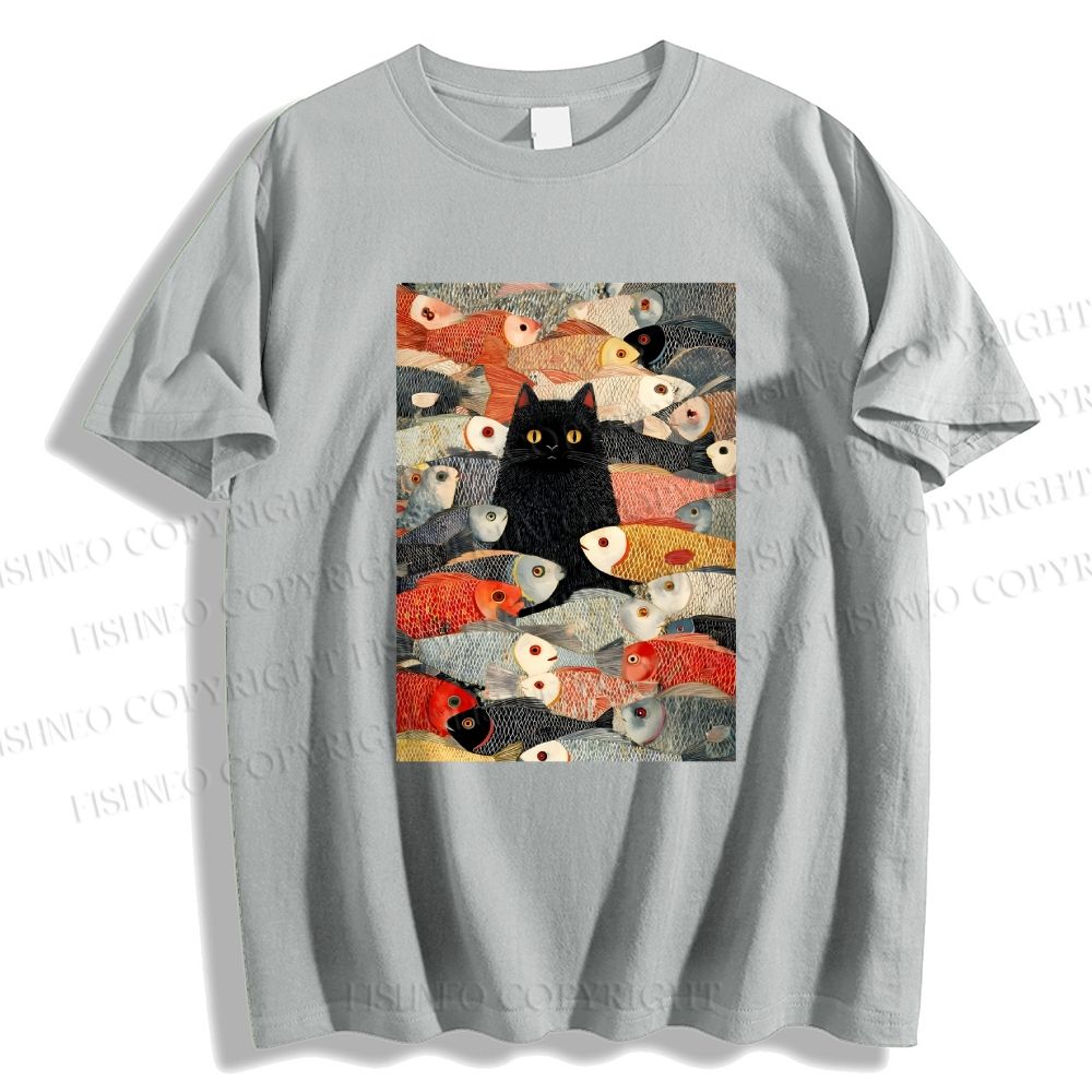 Unisex Vintage Japanese Black Cat Koi Fish Classic Cotton T-shirt