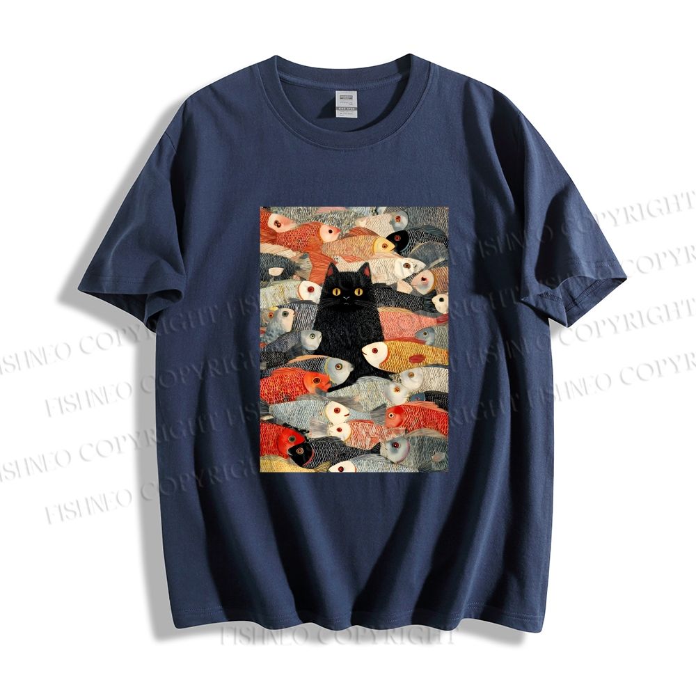 Unisex Vintage Japanese Black Cat Koi Fish Classic Cotton T-shirt