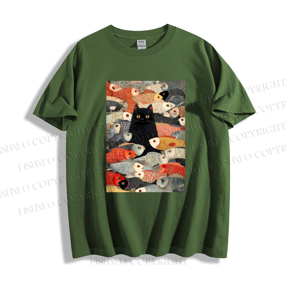 Unisex Vintage Japanese Black Cat Koi Fish Classic Cotton T-shirt