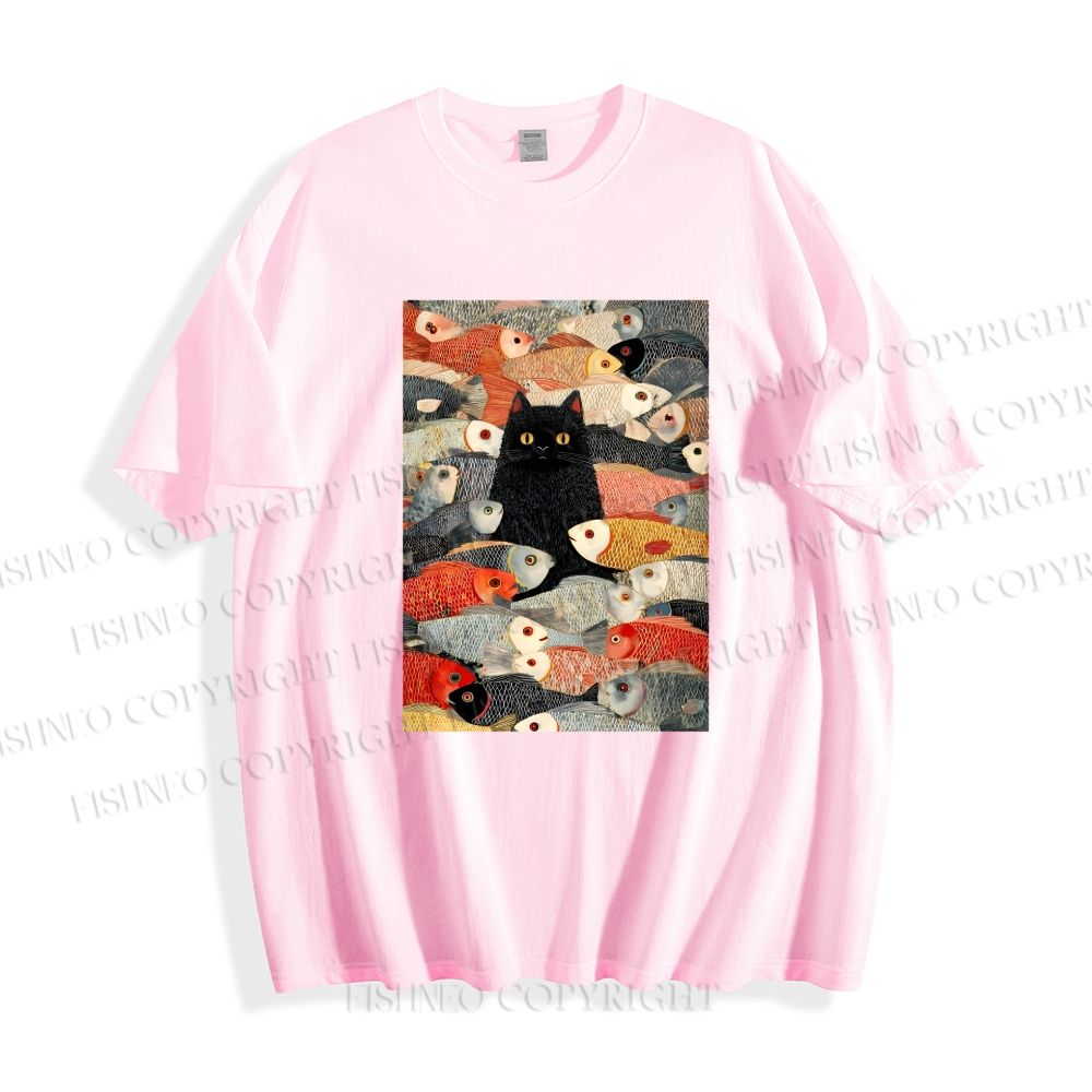 Unisex Vintage Japanese Black Cat Koi Fish Classic Cotton T-shirt