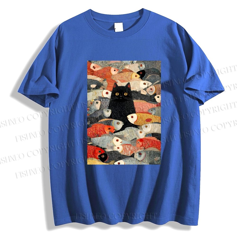 Unisex Vintage Japanese Black Cat Koi Fish Classic Cotton T-shirt