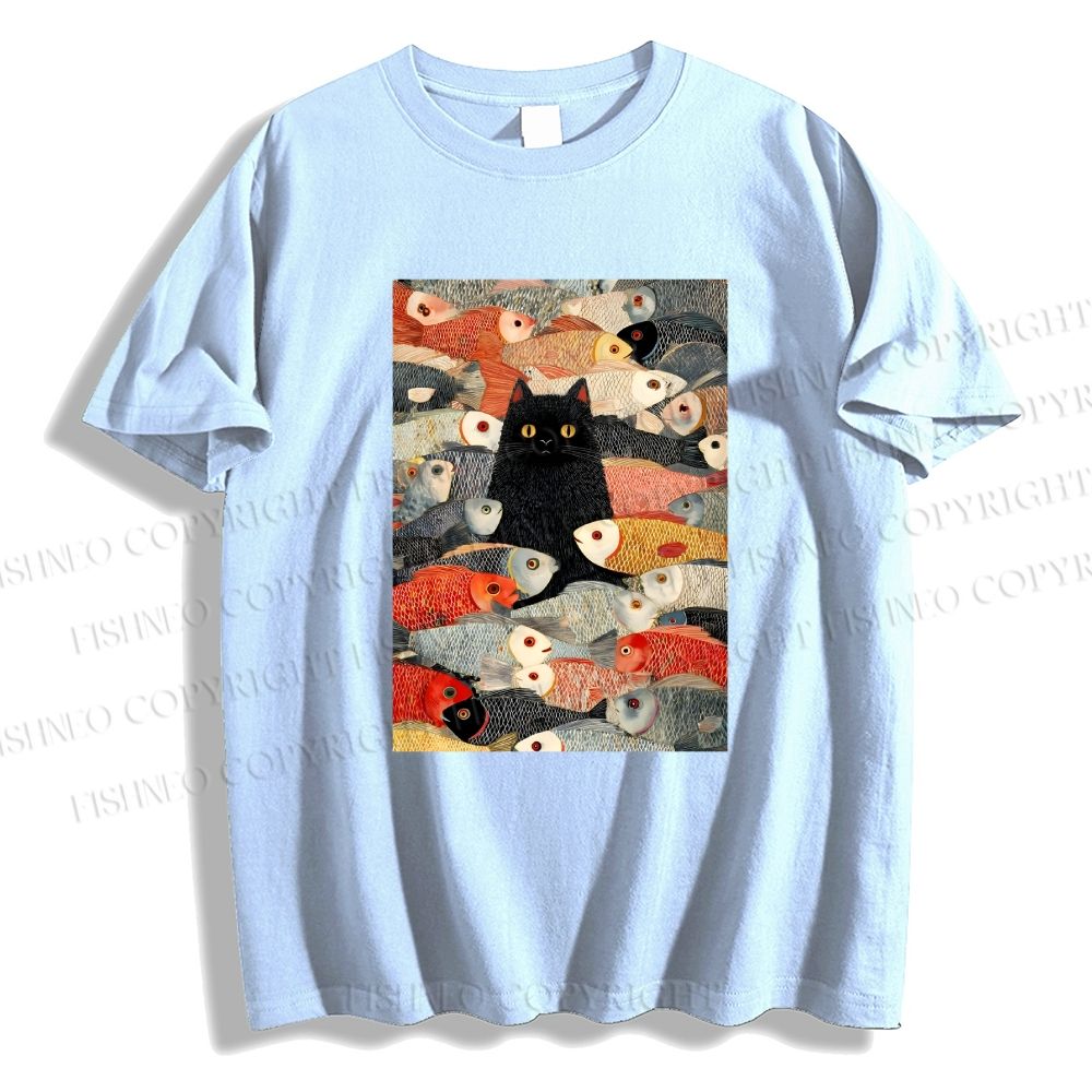 Unisex Vintage Japanese Black Cat Koi Fish Classic Cotton T-shirt