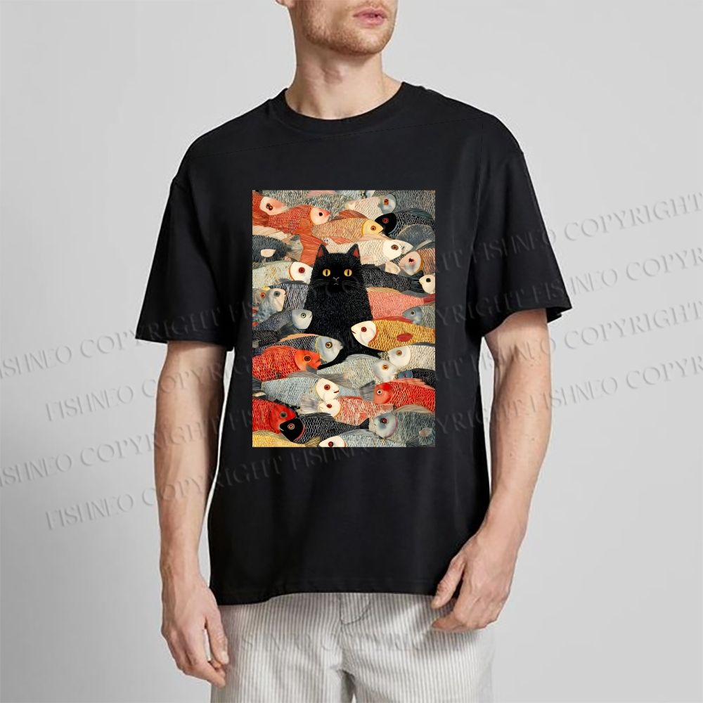 Unisex Vintage Japanese Black Cat Koi Fish Classic Cotton T-shirt