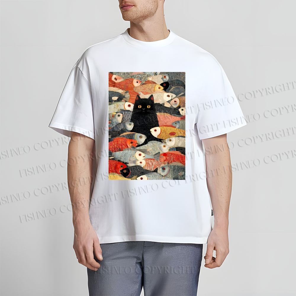 Unisex Vintage Japanese Black Cat Koi Fish Classic Cotton T-shirt