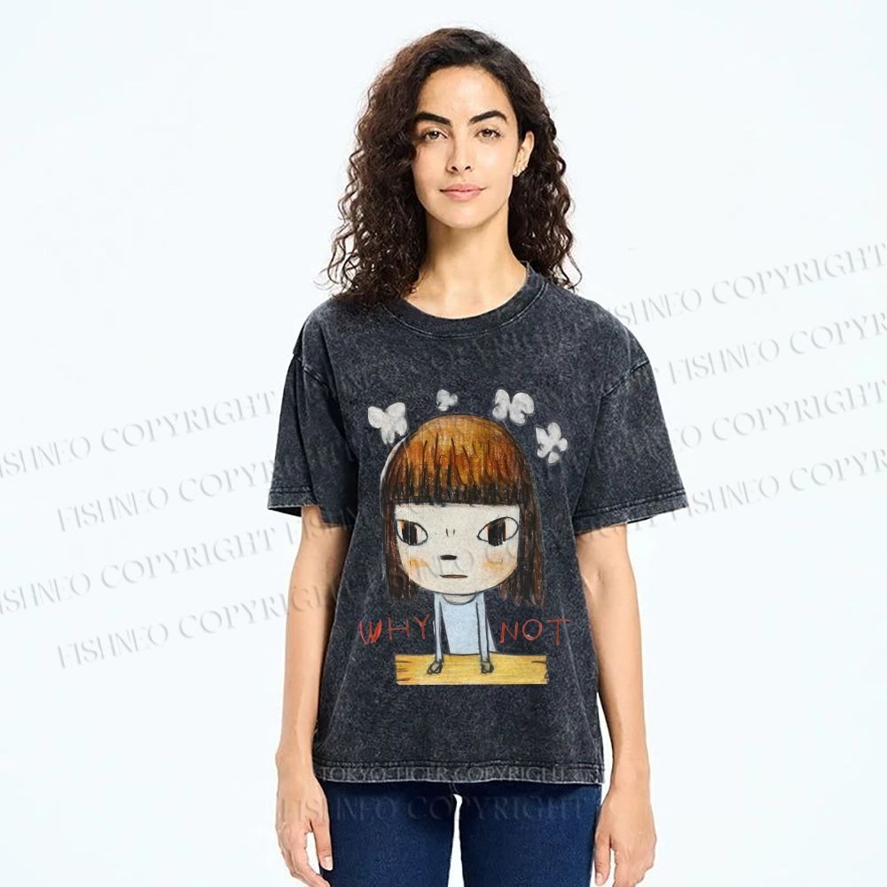 Unisex Japanese Art Yoshitomo Nara Why Not Printed Washed Tee
